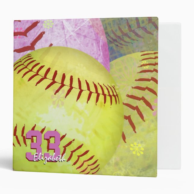 Classeur Le softball féminin jaune vif rose (Devant/intérieur)