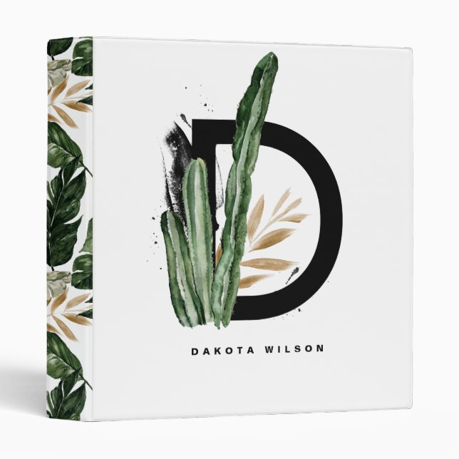 Classeur Lettre Boho D Monogramme | Monogramme de cactus tr (Devant/Côté)