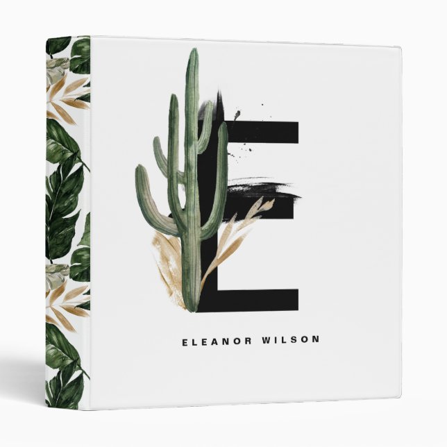 Classeur Lettre Boho E Monogramme | Monogramme de cactus tr (Devant/Côté)