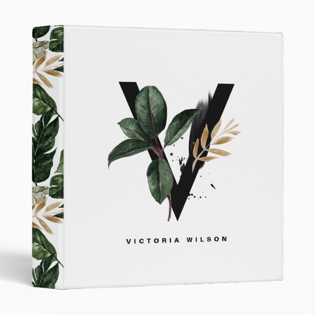Classeur Lettre Boho V Monogramme Aquarelle Feuilles tropic (Devant/Côté)