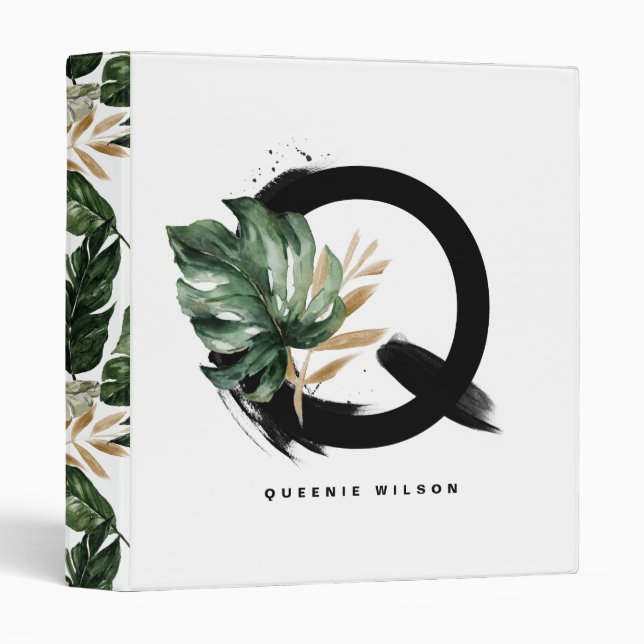 Classeur LETTRE FEUILLE DE MONSTÈRE Tropicale BOHO Q MONO (Devant/Côté)