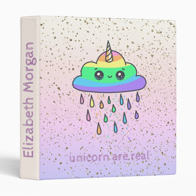 Classeur Licorne Arc-en-Ciel Magique Pluie Confettis (Devant/Côté)