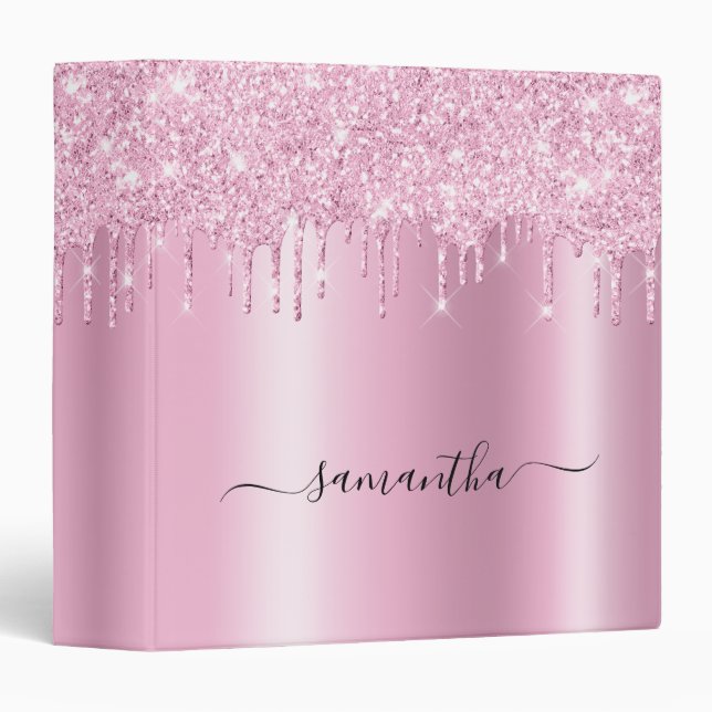 Classeur Light Pink Glitter Drips Shimmer Glam Name (Devant/Côté)