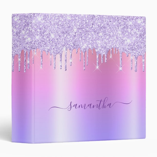 Classeur Light Purple Glitter Drips Rainbow Shimmer Name (Devant/Côté)