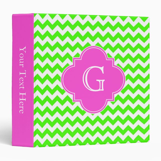 Classeur Lime Green Chevron Hot rose Quatrefoil Monogramme (Devant/Côté)
