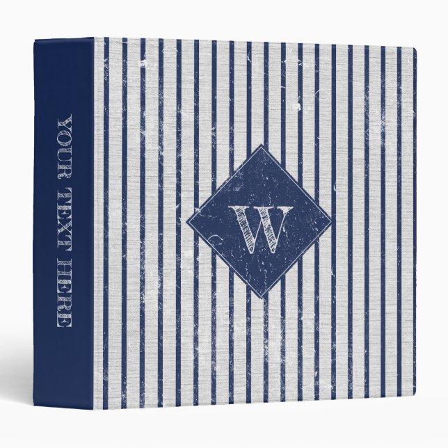 Classeur Lin gris rustique et rayures bleu marine Monogramm (Devant/Côté)