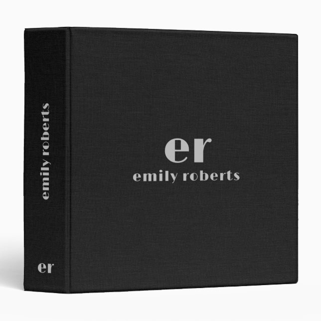 Classeur Lin noir minimaliste monogramme (Devant/Côté)