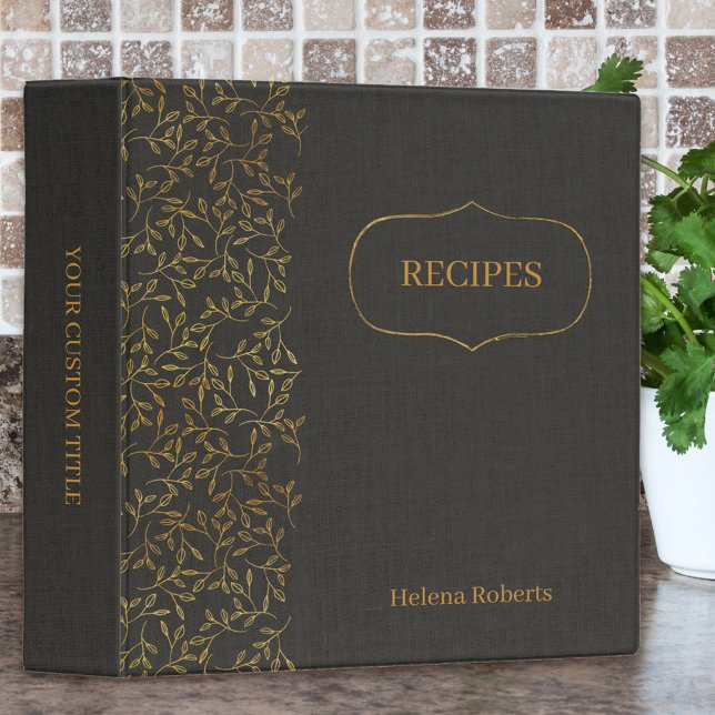Classeur Lin noir rustique et recette de feuille d'or éléga (Linen look recipe binder in black and gold)