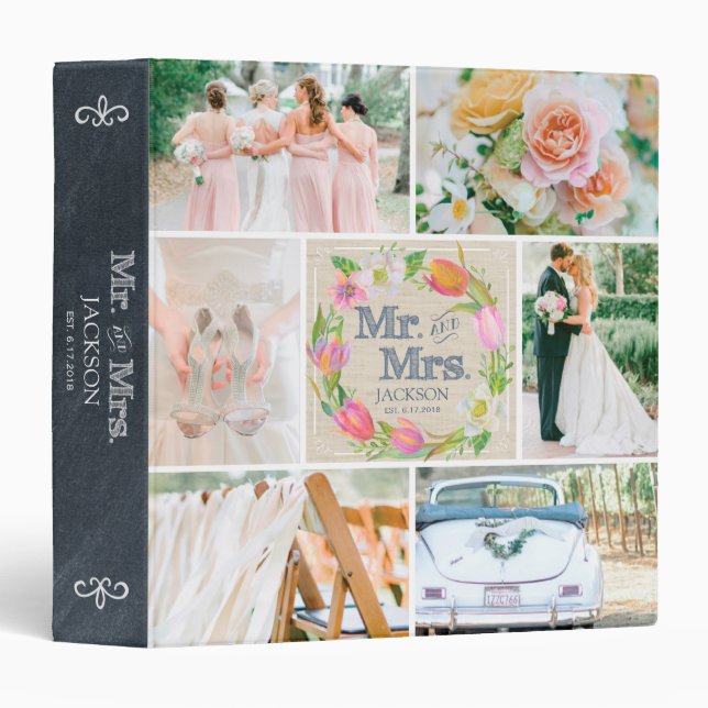 CLASSEUR LINEN PERSONNALISÉ FLORAL 3 MARIAGE PHOTO COLLAGE (Devant/Côté)