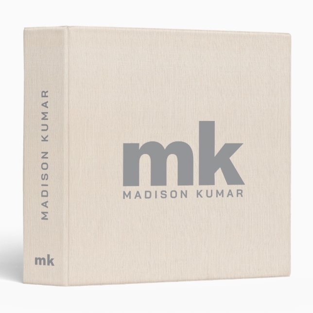 Classeur Linge beige Texture Gris Monogramme (Devant/Côté)