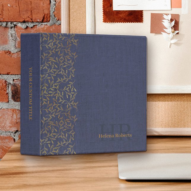 Classeur Linge bleu rustique Elégant Feuille d'or Monogramm (Linen look monogrammed binder with rustic elegance in blue and gold)