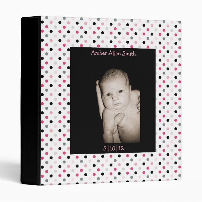 Classeur Livre Bébé noir et rose Polka Dot (Devant/Côté)