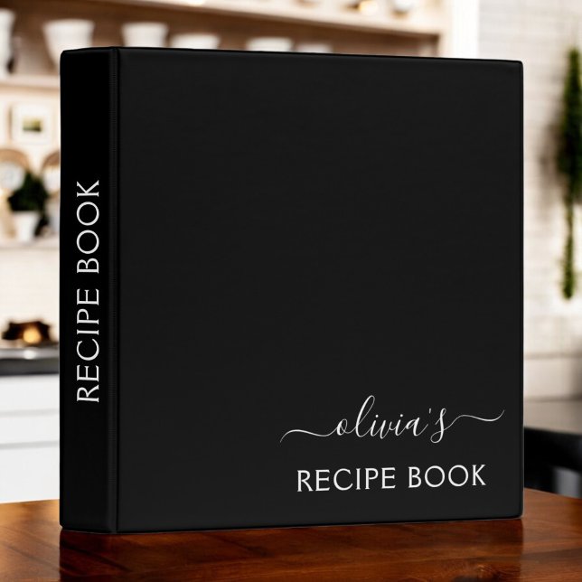 Classeur Livre de cuisine Noir Blanc Script Monogramme (Créateur téléchargé)