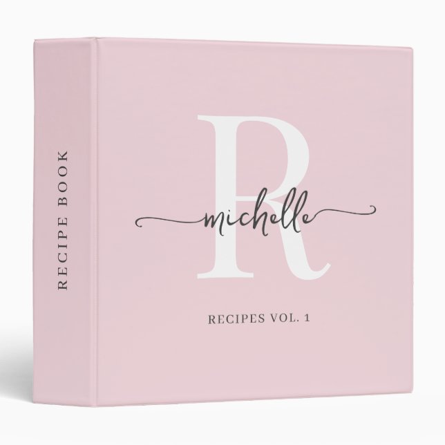 Classeur Livre de recettes au monogramme rose en écriture s (Devant/Côté)