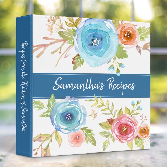 Classeur Livre de recettes bleu rouge orangé floral aquarel (Créateur téléchargé)