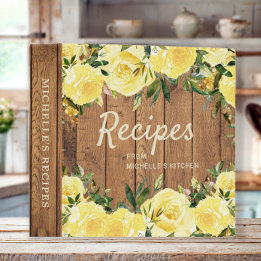 Classeur Livre de recettes de fleurs jaunes en bois rustiqu