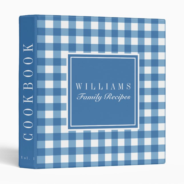 Classeur Livre de recettes de la famille En vichy bleu (Devant/Côté)