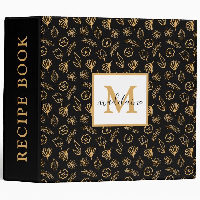 Classeur Livre de recettes de monogramme floral noir et or (Devant/Côté)