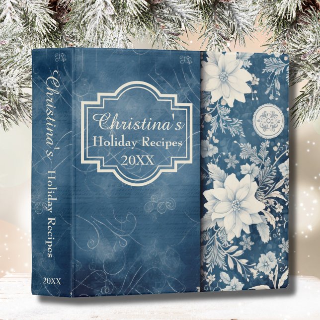 Classeur Livre de recettes de vacances Floral Poinsettia pe (Holiday Christmas Recipe Cookbook Binder in Vintage Blue, Soft White Poinsettias with Custom Name.)