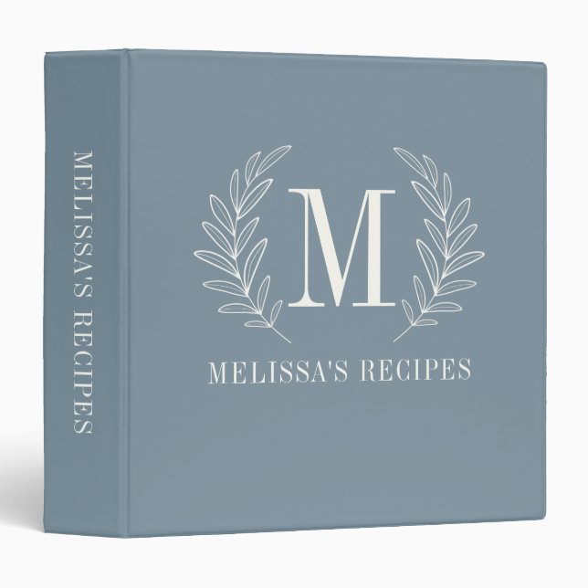 Classeur Livre de recettes élégant à monogramme moderne ble (Devant/Côté)
