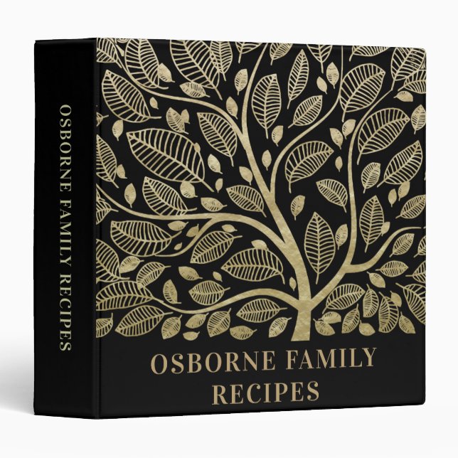 Classeur Livre de recettes élégant Black Gold Family Tree C (Devant/Côté)