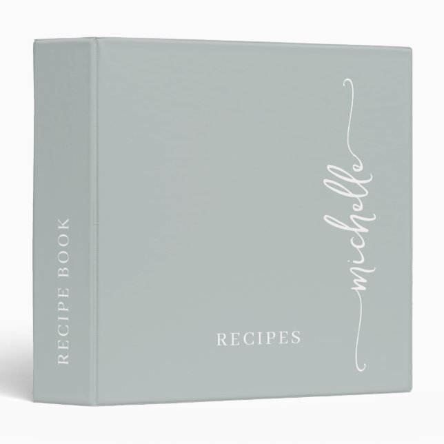 Classeur Livre de recettes élégant monogramme vert sauge (Devant/Côté)