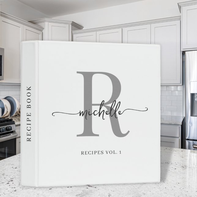 Classeur Livre de recettes en monogramme gris blanc écritur (Créateur téléchargé)