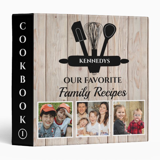 Classeur Livre de recettes familiales Bois rustique 3 photo (Devant/Côté)