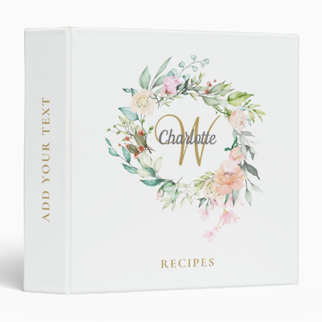 Classeur Livre de recettes Floral Gold Monogram (Devant/Côté)