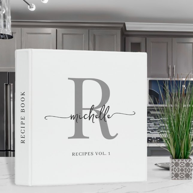 Classeur Livre de recettes Monogramme de style gris blanc e (Créateur téléchargé)