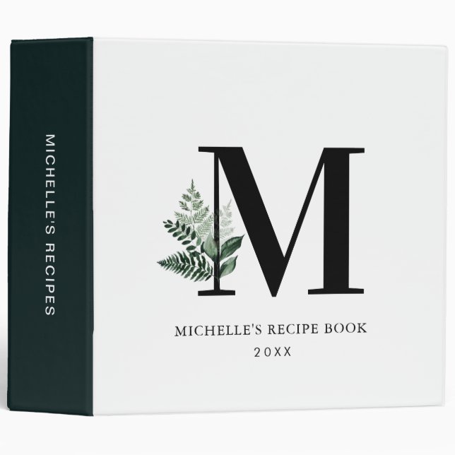 Classeur Livre de recettes monogramme du feuillage vert (Devant/Côté)