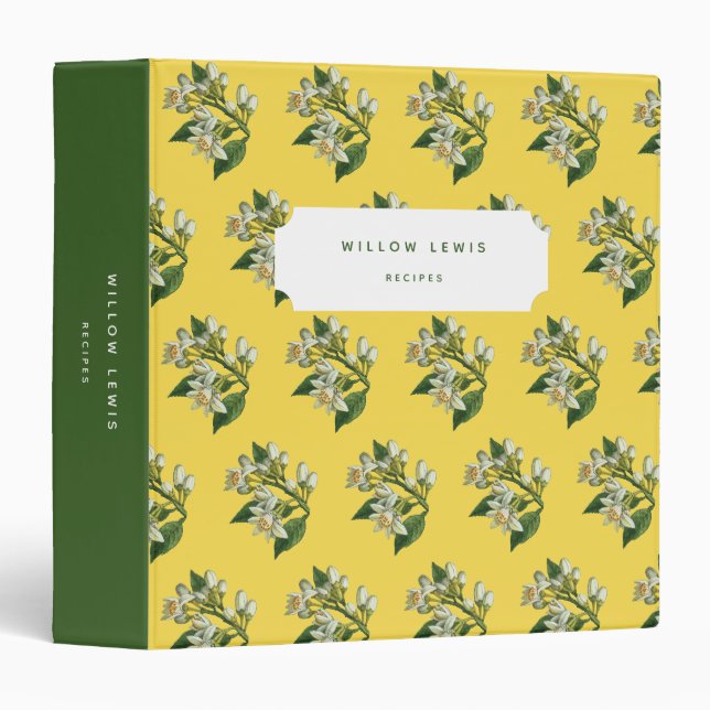 Classeur Livre de recettes Motif de fleurs de citron jaune (Devant/Côté)