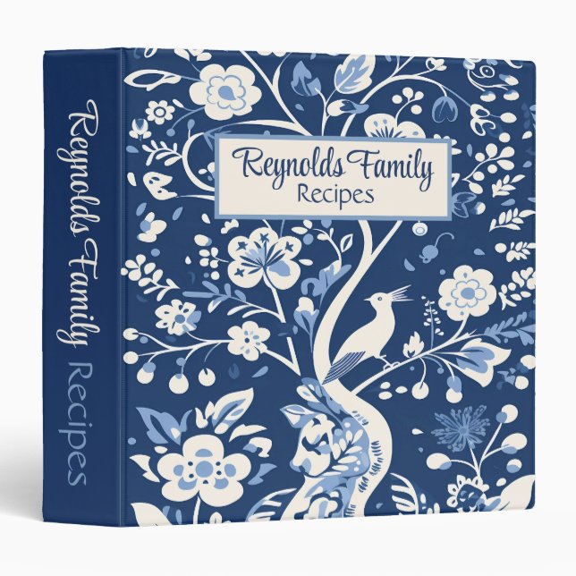 Classeur Livre de recettes personnalisé bleu et blanc (Devant/Côté)