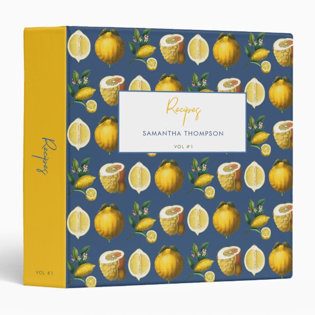 Classeur Livre de recettes personnalisé Citrons rétro Citru (Devant/Côté)