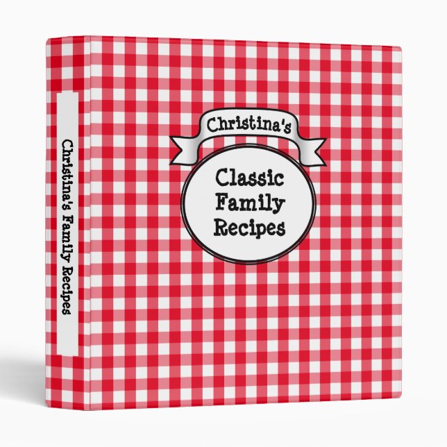 Classeur Livre de recettes personnalisé En vichy rouge rétr (Devant/Côté)