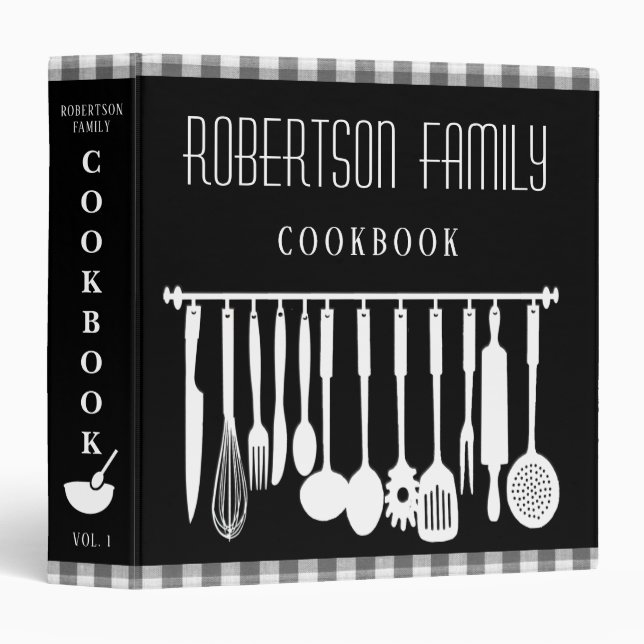 Classeur Livre de recettes personnalisé noir et blanc (Devant/Côté)