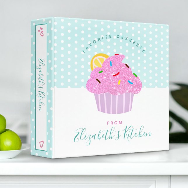 Classeur Livre de recettes turquoise pois de cupcake rose (Créateur téléchargé)