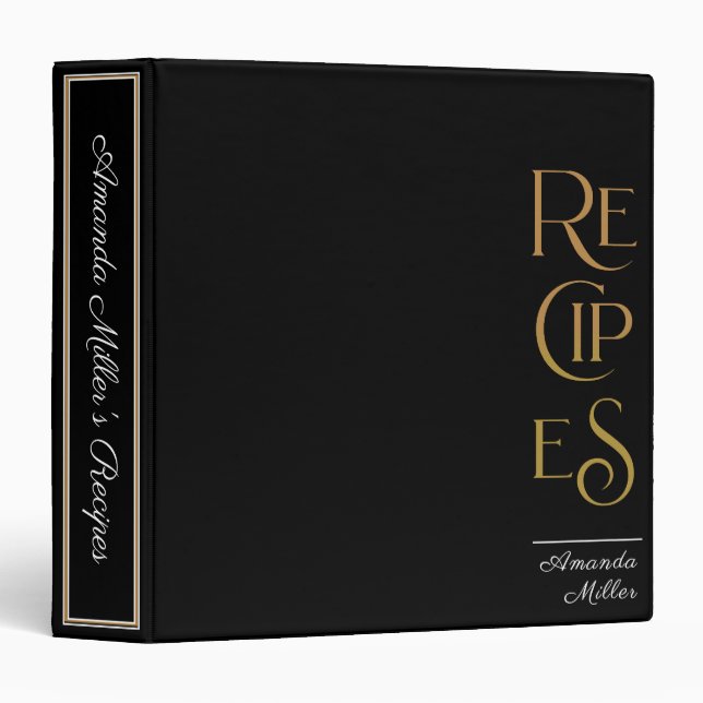 Classeur Livre de recettes unique en noir et or (Devant/Côté)