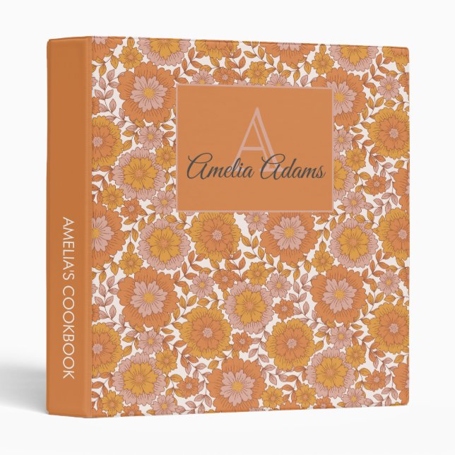 Classeur Livret à recettes de monogramme rétro floral (Devant/Côté)
