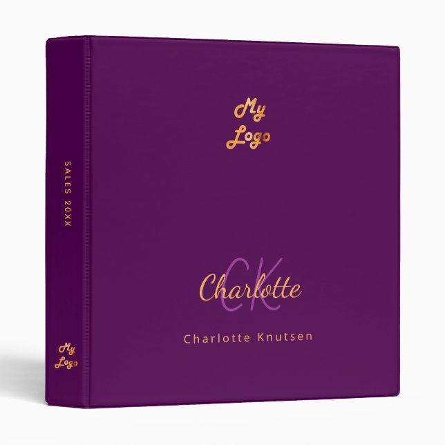 Classeur Logo bureau d'affaires en or monogramme violet (Devant/Côté)