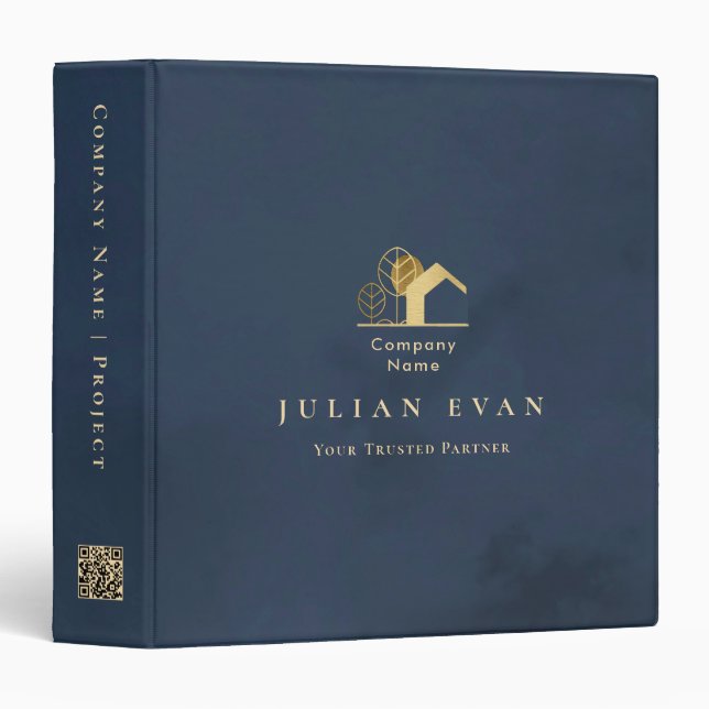 Classeur Logo de maison brillant bleu marine et or professi (Devant/Côté)