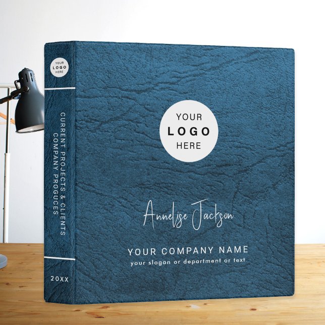 Classeur Logo d'entreprise moderne en cuir bleu sur mesure (Créateur téléchargé)