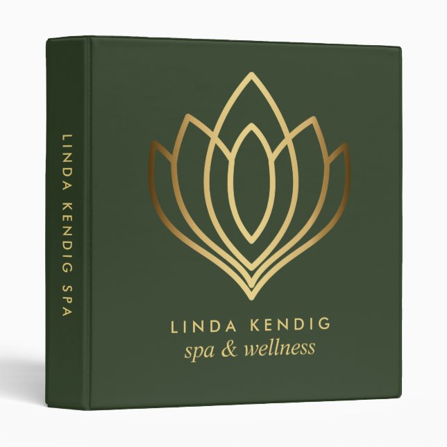 Classeur Logo fleur de lotus dorée Monogramme vert (Devant/Côté)