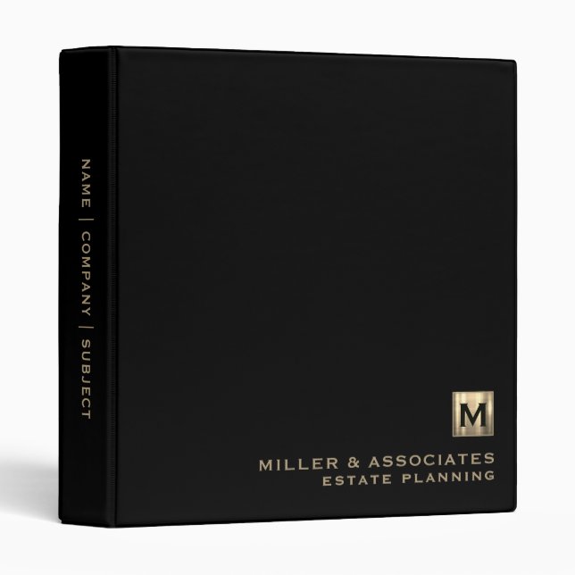 Classeur Logo initial de luxe noir personnalisé (Devant/Côté)