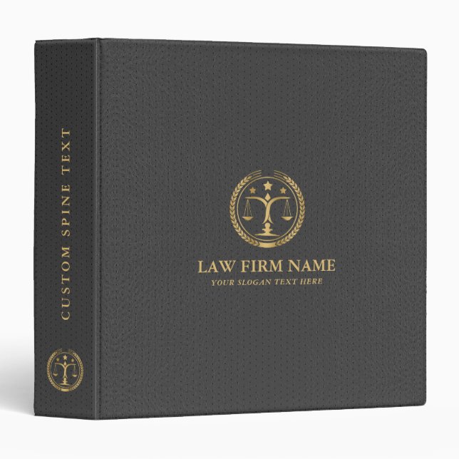 Classeur Logo stylisé Gold Law, Texture en cuir noir (Devant/Côté)