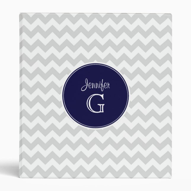 Classeur Lt Gray White Chevron Rnd Navy Blue Name Monogram (Devant)