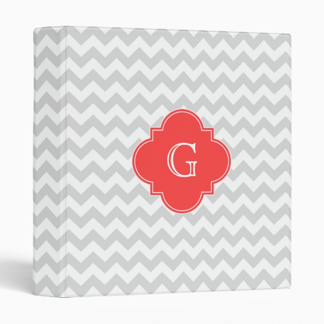 Classeur Lt Gray Wht Chevron Coral Red Quatrefoil Monogram (Devant/Côté)