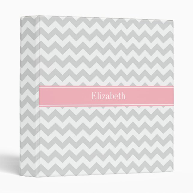 Classeur Lt Grey White Chevron Zigzag Pink Nom Monogramme (Devant/Côté)