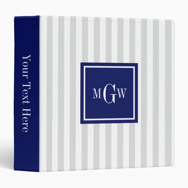 Classeur Lt Grey White Stripe Marine Carré 3 Monogramme (Devant/Côté)