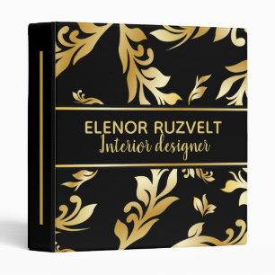 Classeur Luxe floral noir or élégant design damassé
